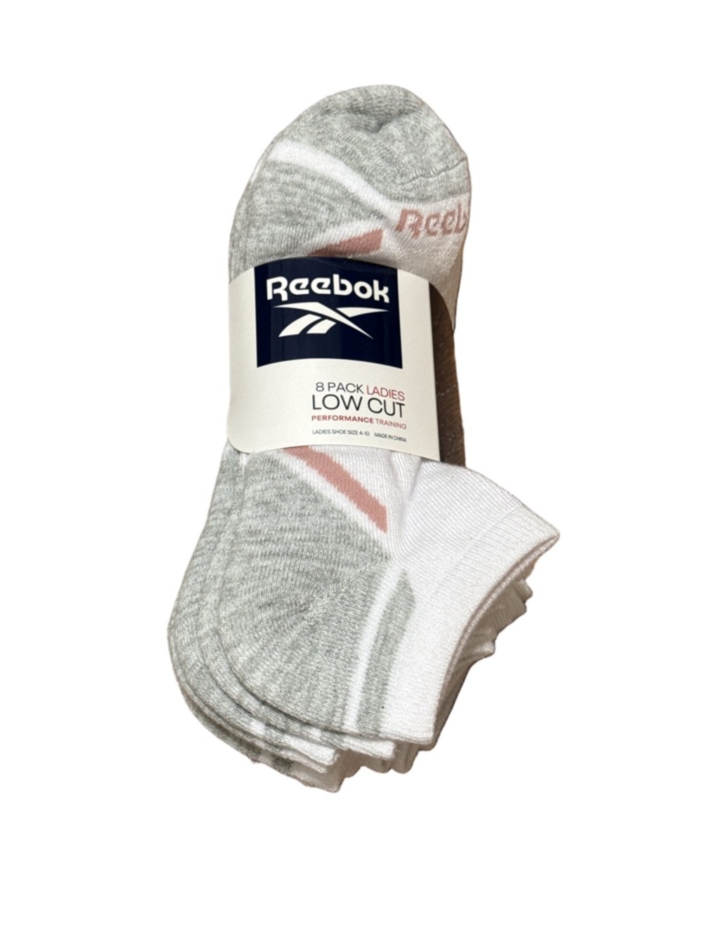 Reebok Low Cut Athletic Socks - White, Gray & Pink Accent (8 Pack)